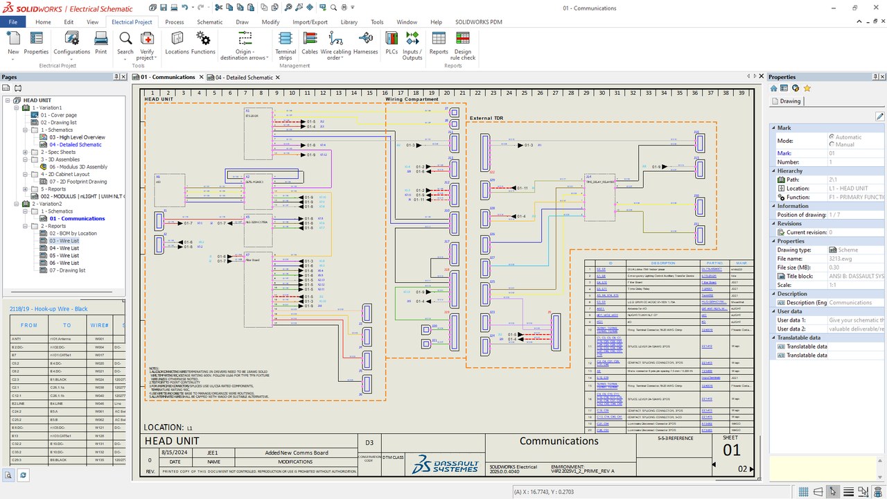 SOLIDWORKS Electrical Schematic에서 배선 회로도와 Wire List를 작성하는 화면