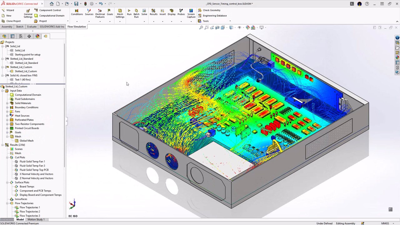 SOLIDWORKS Flow Simulation으로 제어함 내부 공기 흐름과 부품 온도를 해석한 결과